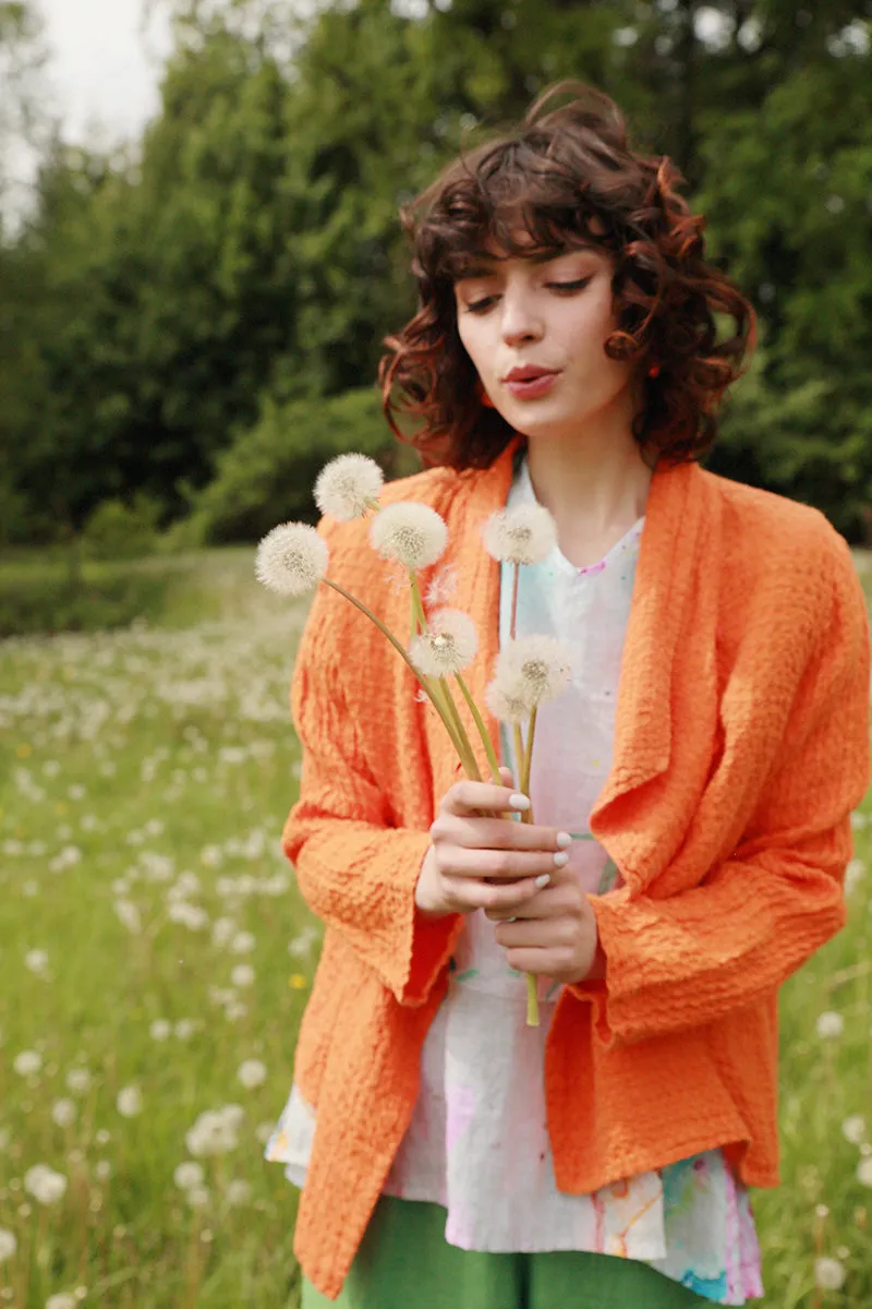 Asymmetric Closure Neon Orange Linen Jacket