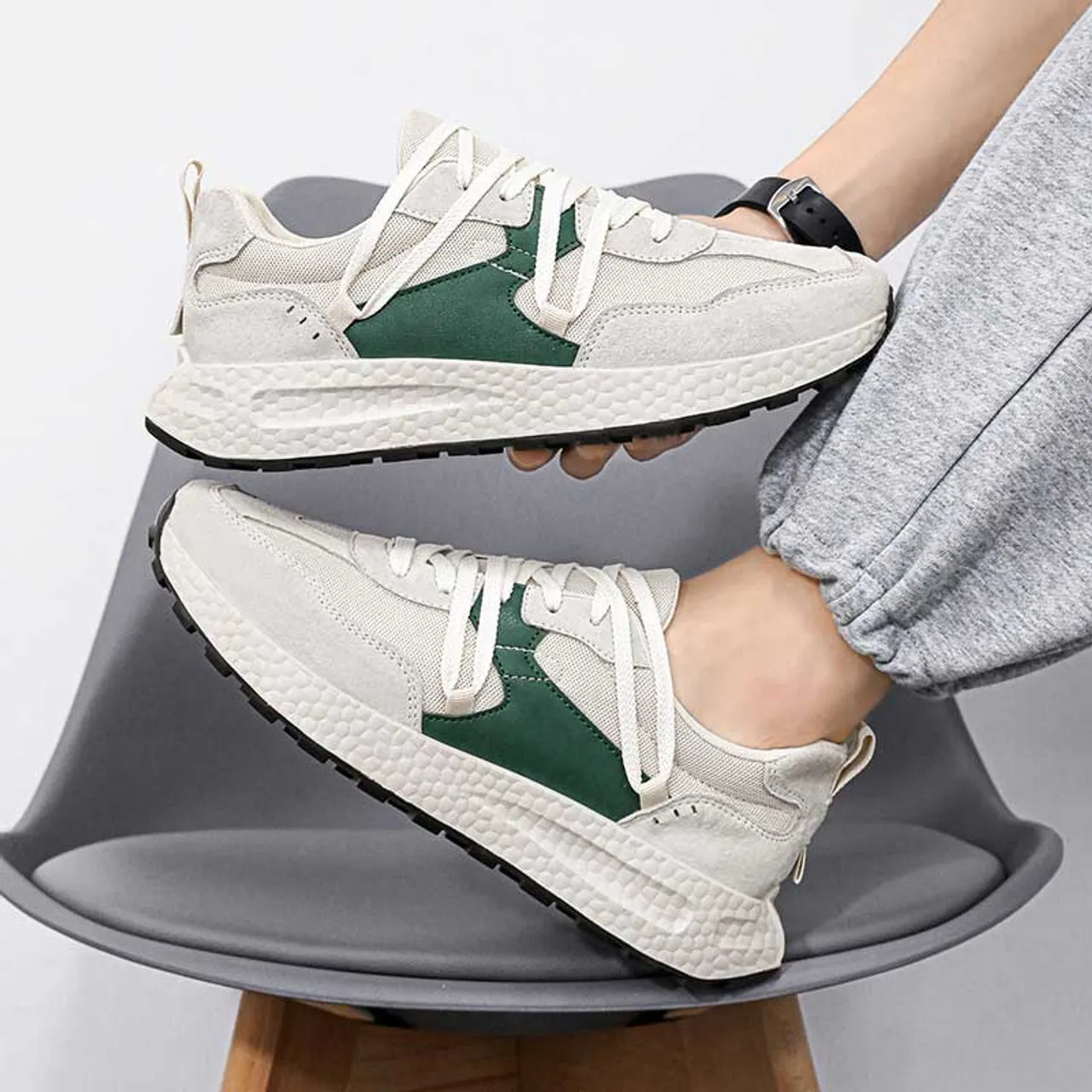 Beige extended lace style sport shoe sneaker