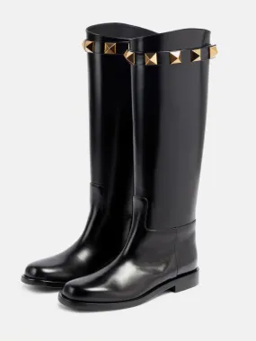 Black Studs Knee High Boots Women Round Toe Flat Riding Boots