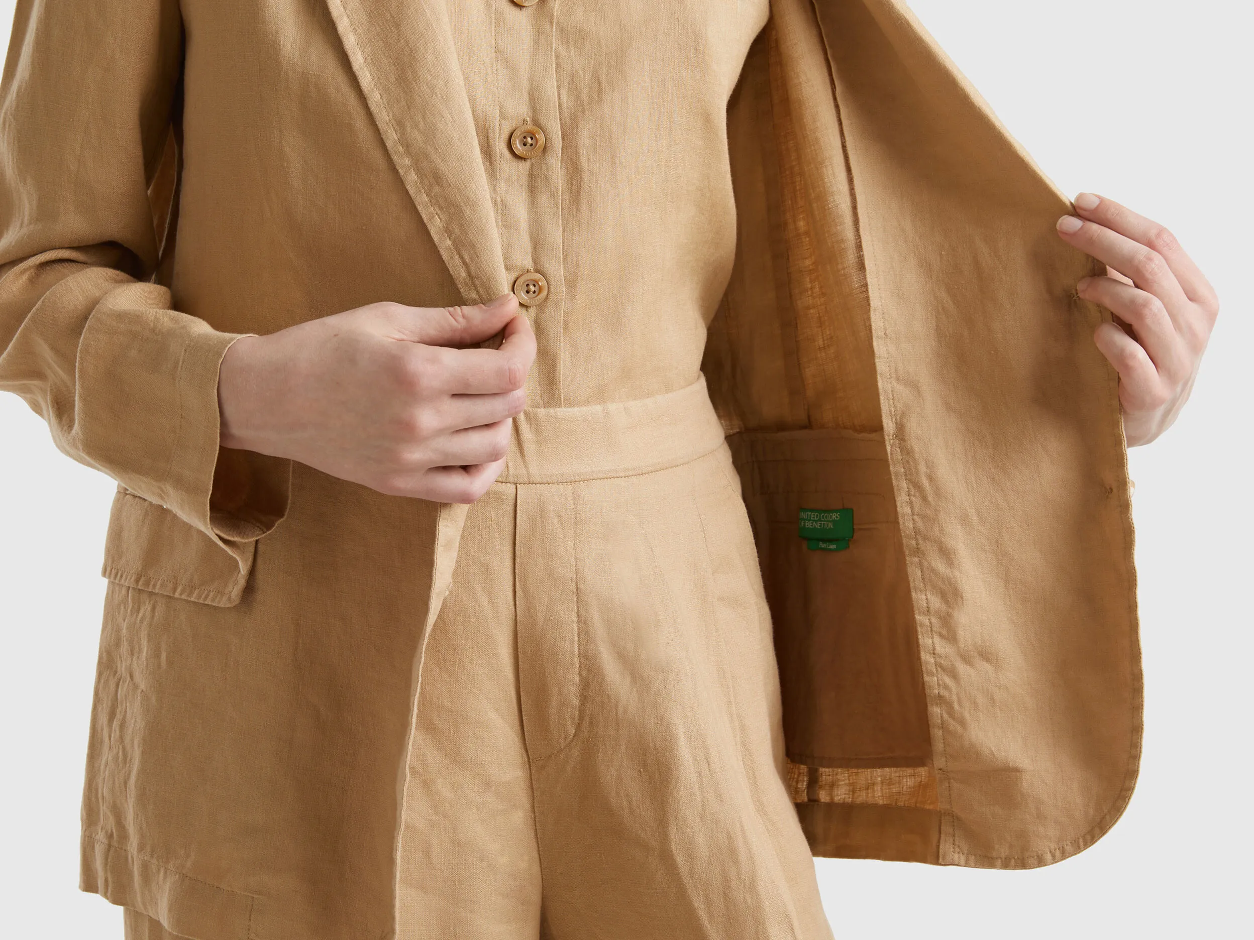 Blazer in pure linen - Camel | Benetton