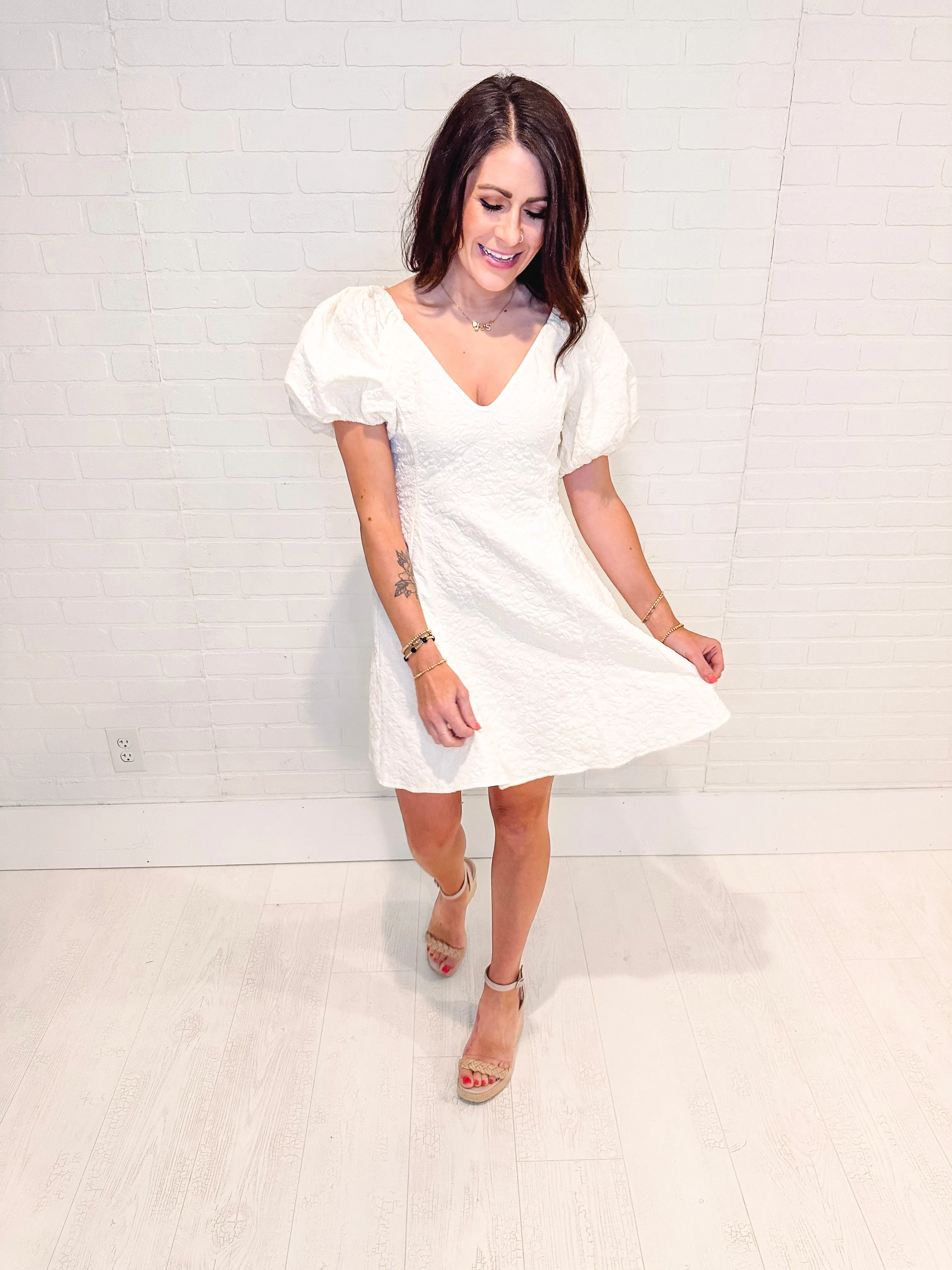 Butterfly Kisses Textured Puff Sleeve Dress