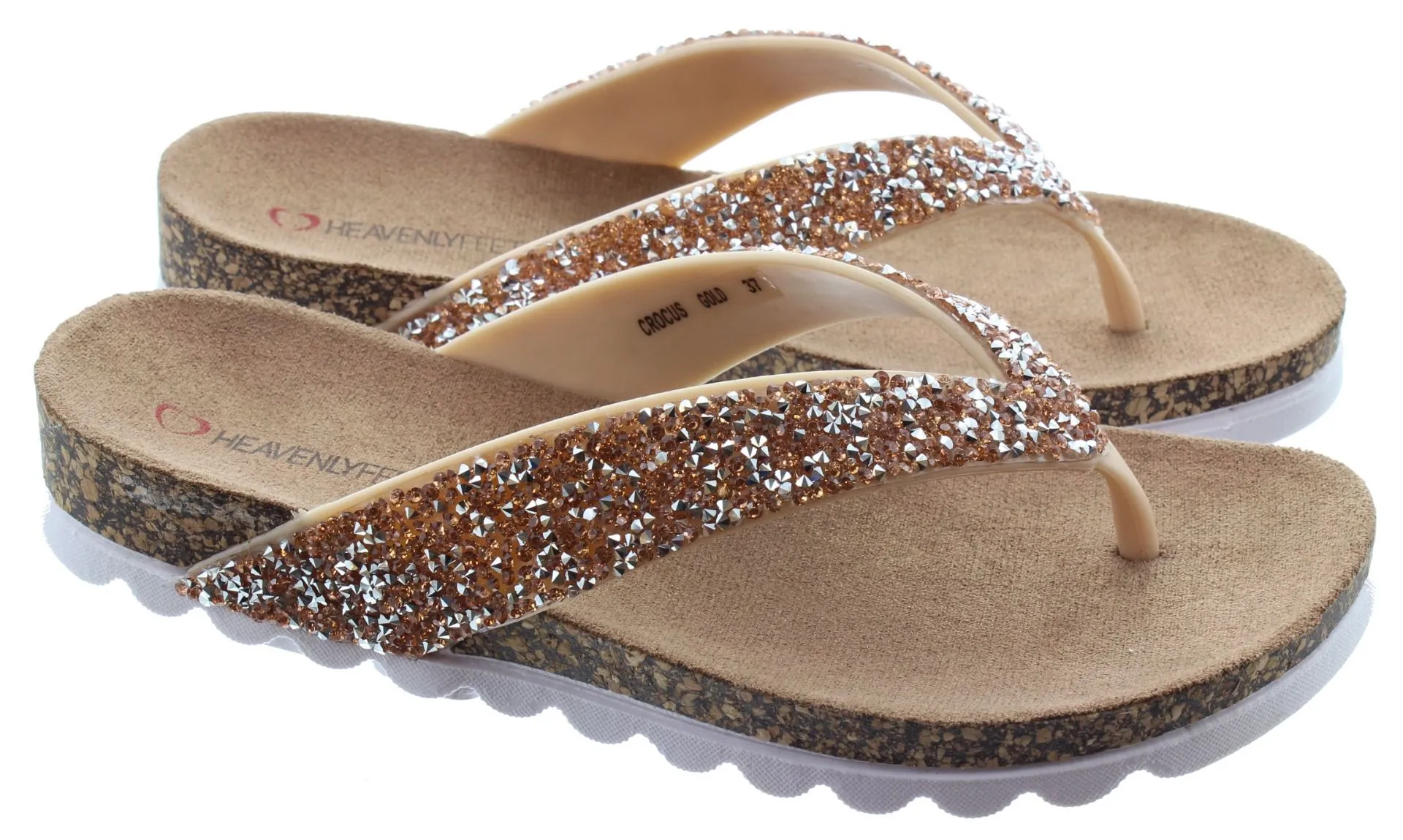 HEAVENLY FEET Ladies Crocus Glitter Flip Flop Sandals In Gold