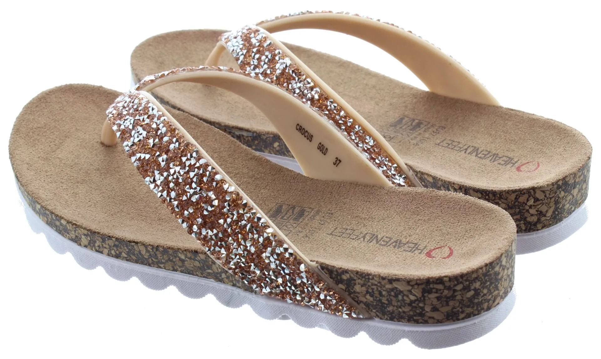 HEAVENLY FEET Ladies Crocus Glitter Flip Flop Sandals In Gold