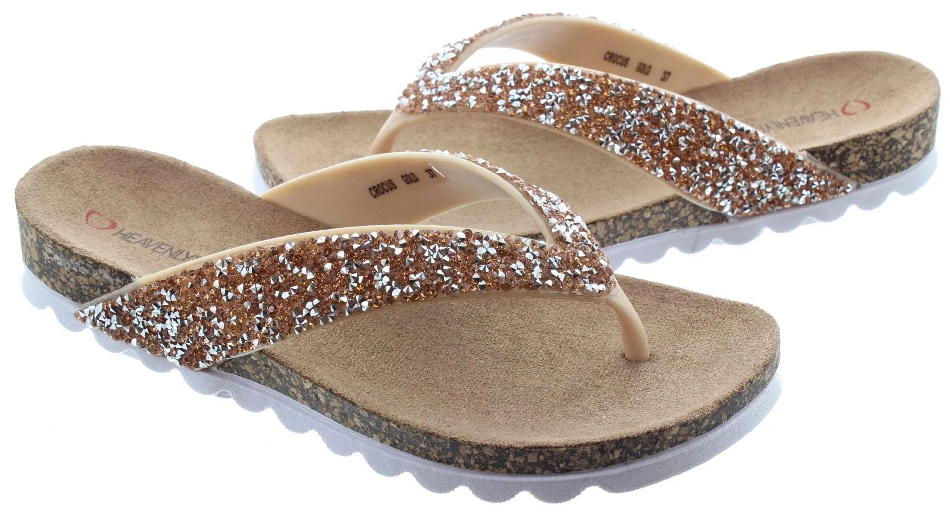 HEAVENLY FEET Ladies Crocus Glitter Flip Flop Sandals In Gold