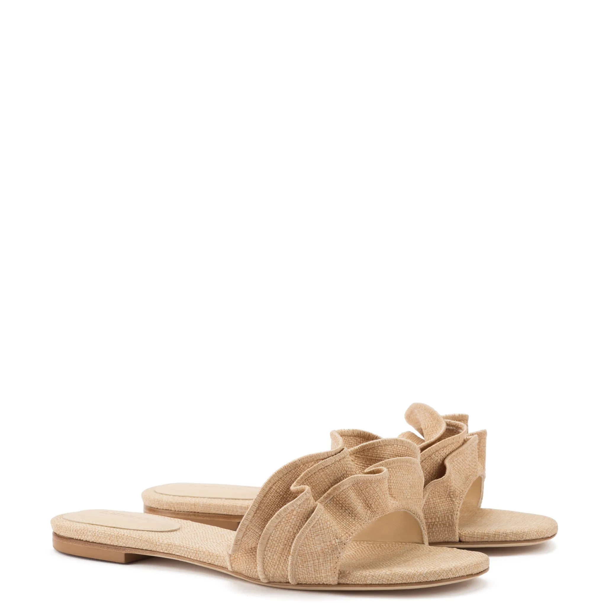 Ivy Ruffle Flat Mule In Beige Raffia