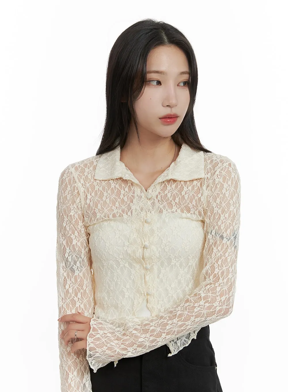 Lace Solid Ruffle Hem Long Sleeve Blouse CM427