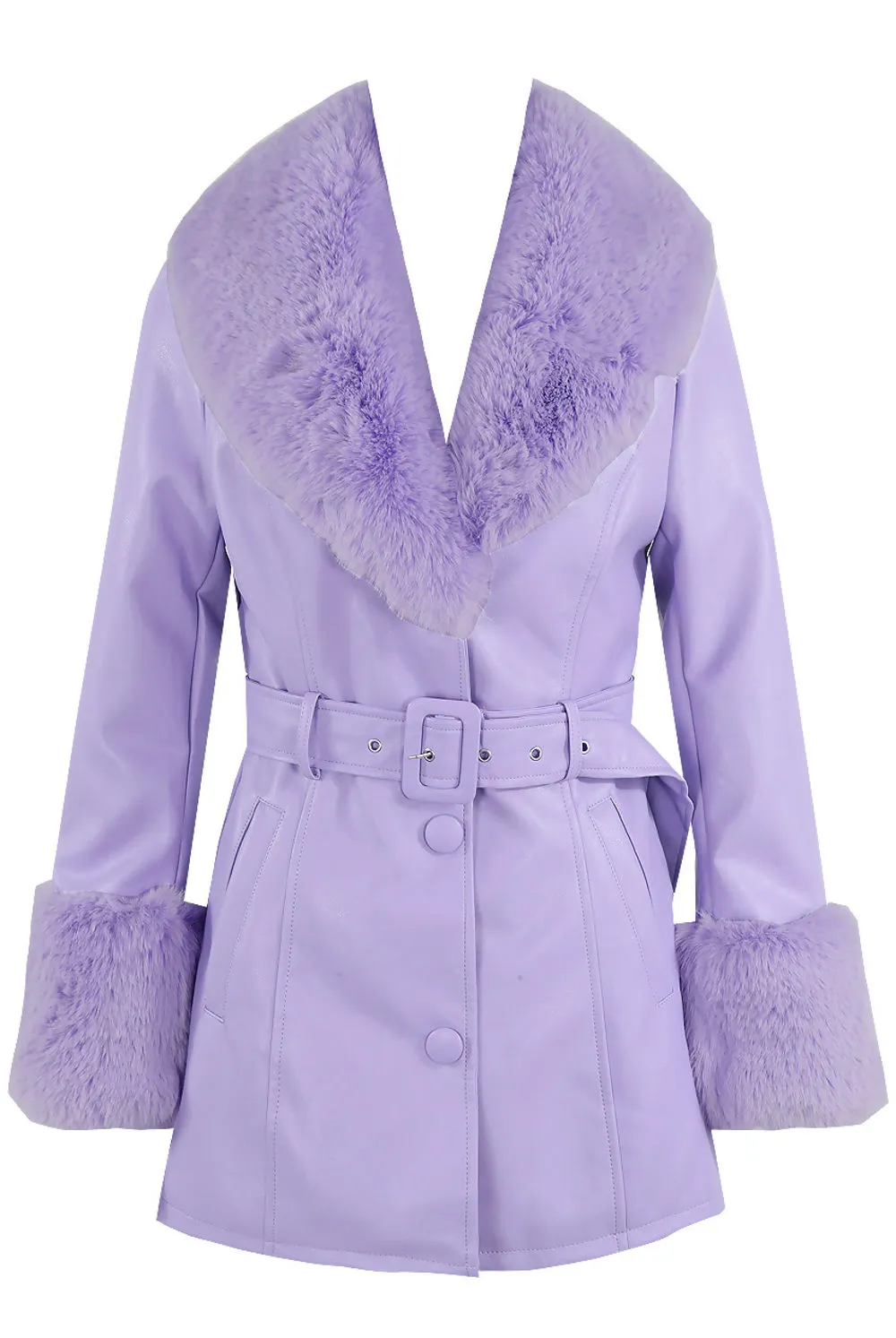 Lilac Faux Fur Belted PU Coat