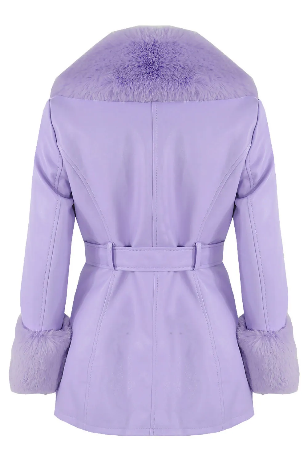 Lilac Faux Fur Belted PU Coat