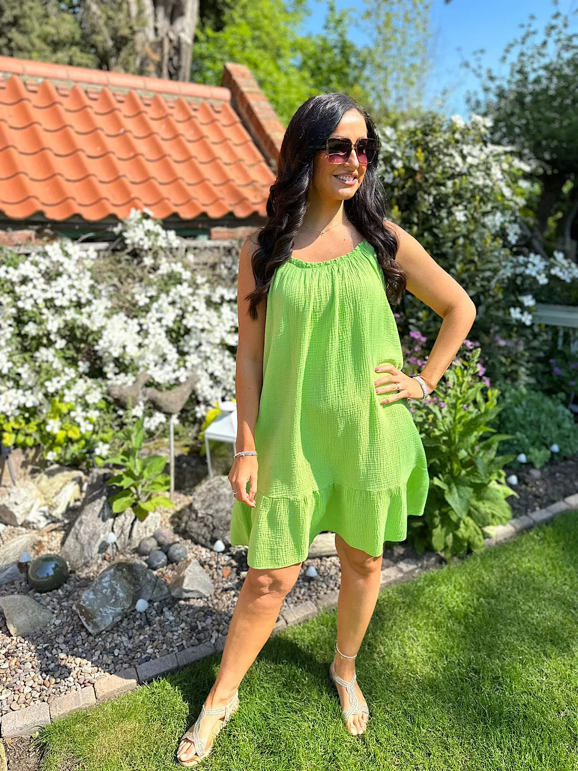 Lime Strappy Bubble Cotton Dress Isla