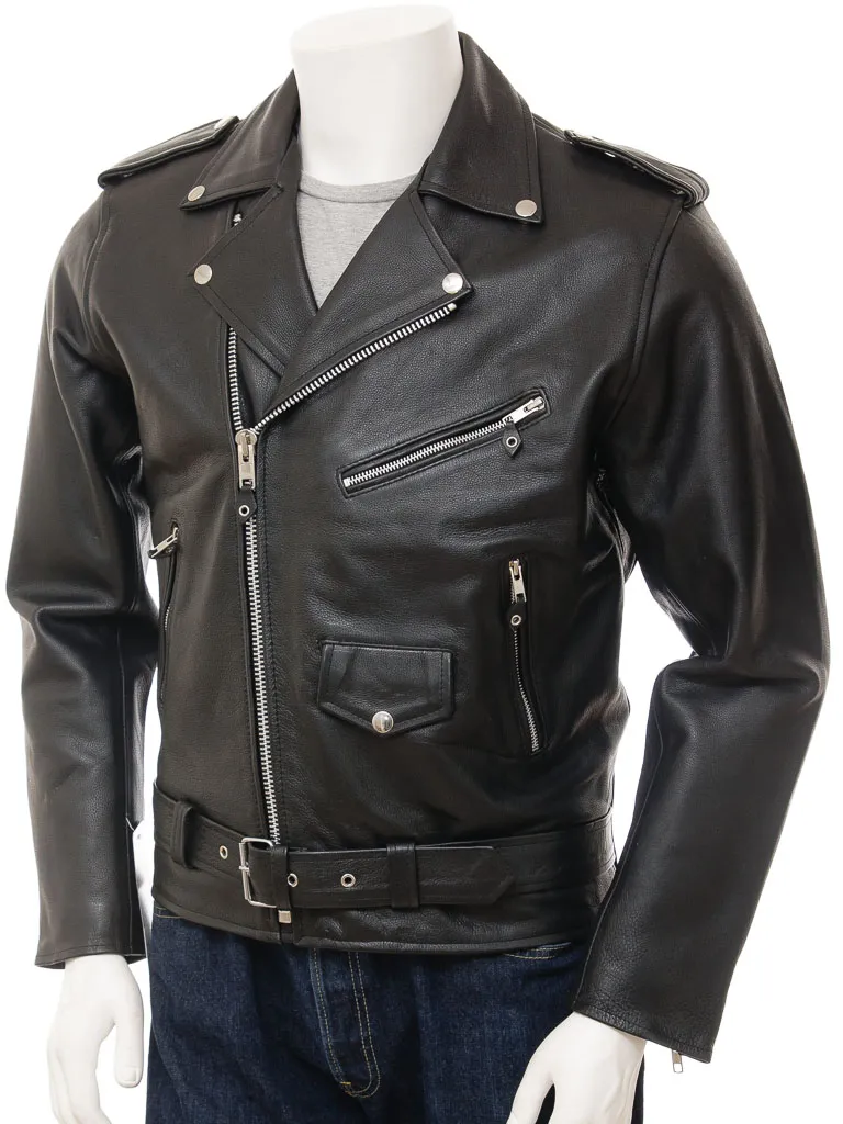 MEN'S LEATHER BIKER JACKET IN BLACK: ASHCOMBE