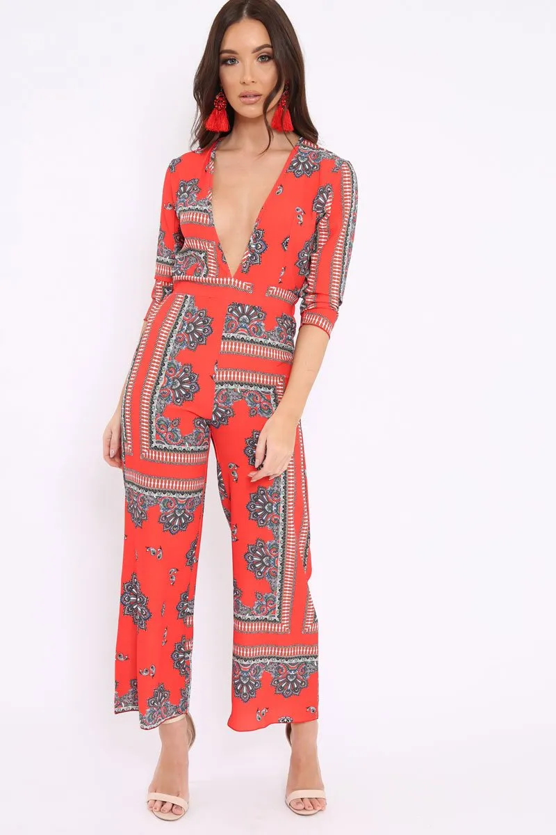 Orange V-Plunge Scarf Print Jumpsuit - Tyler