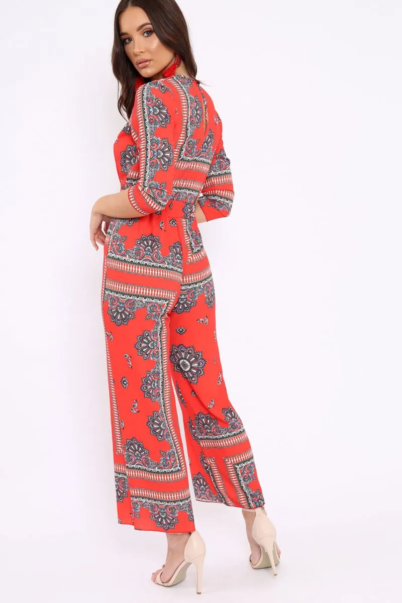 Orange V-Plunge Scarf Print Jumpsuit - Tyler