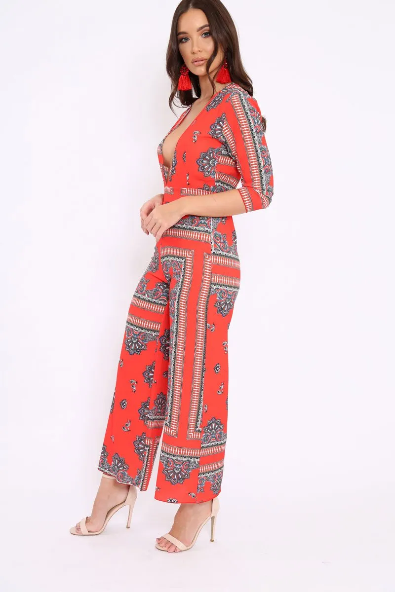 Orange V-Plunge Scarf Print Jumpsuit - Tyler