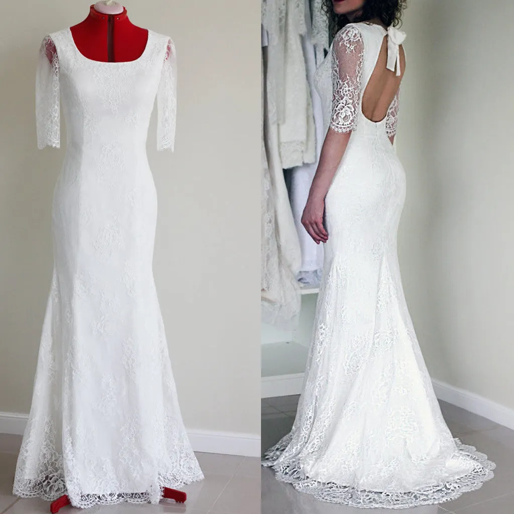 Popular Half Sleeve Sexy Long Mermaid Scoop Neck Open Back White Lace Wedding Party Dress, WD0041