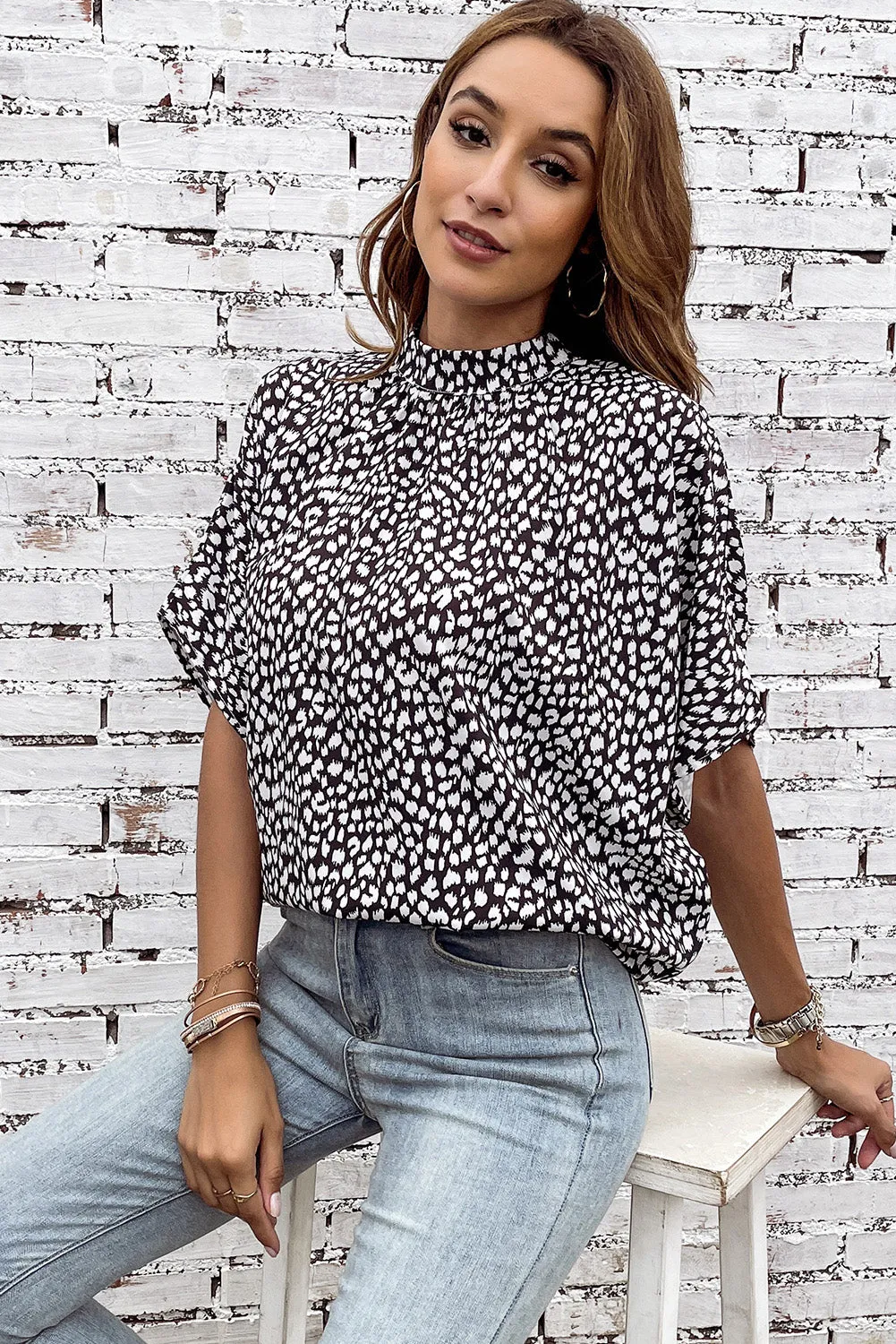 Printed Mock Neck Dolman Sleeve Blouse