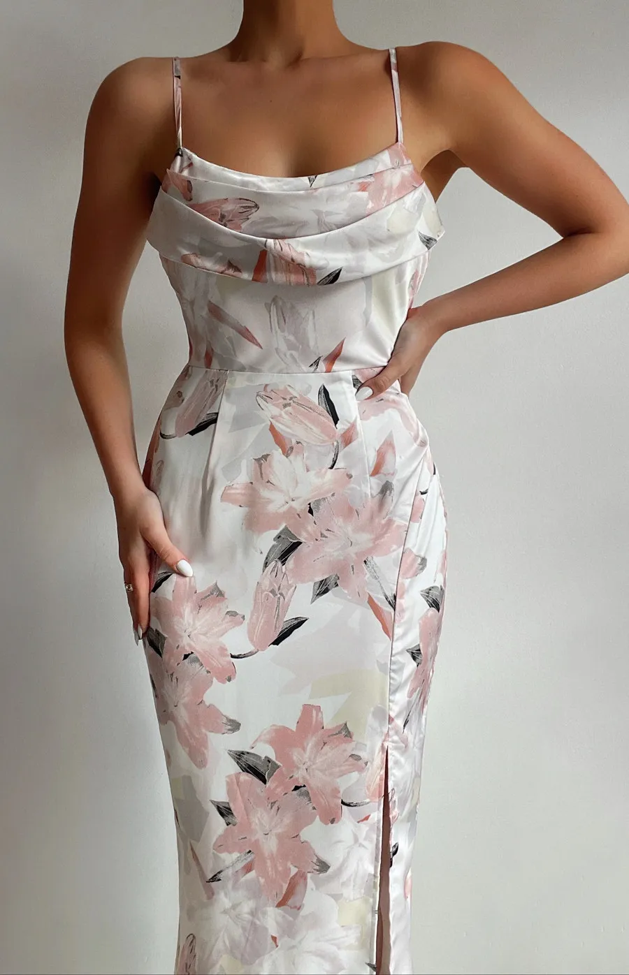 Printed Satin Midi Dress with Drape Neckline Detail (SDR1102B) 