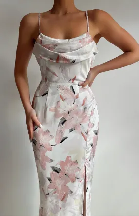 Printed Satin Midi Dress with Drape Neckline Detail (SDR1102B) 