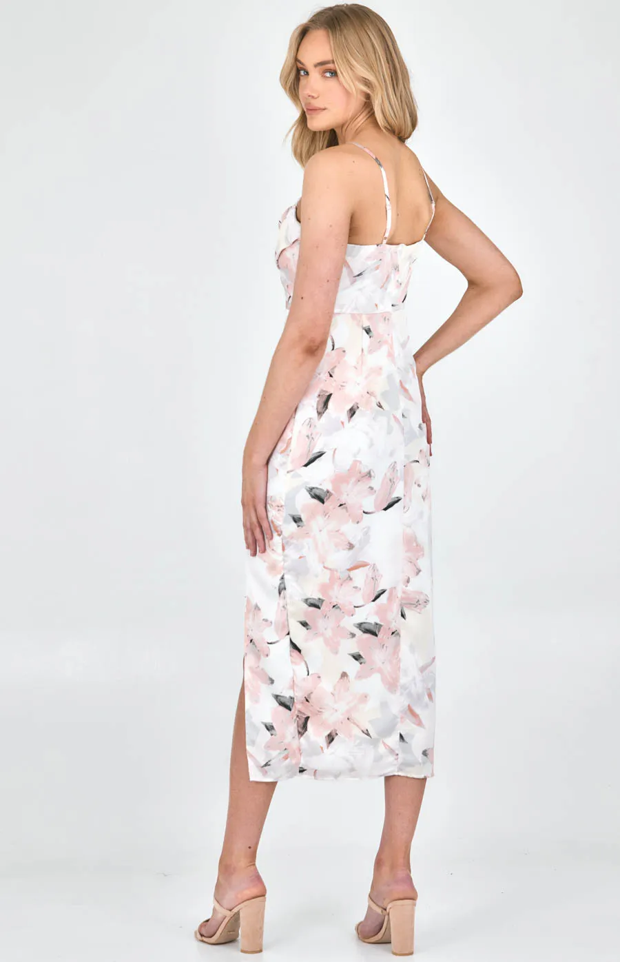 Printed Satin Midi Dress with Drape Neckline Detail (SDR1102B) 