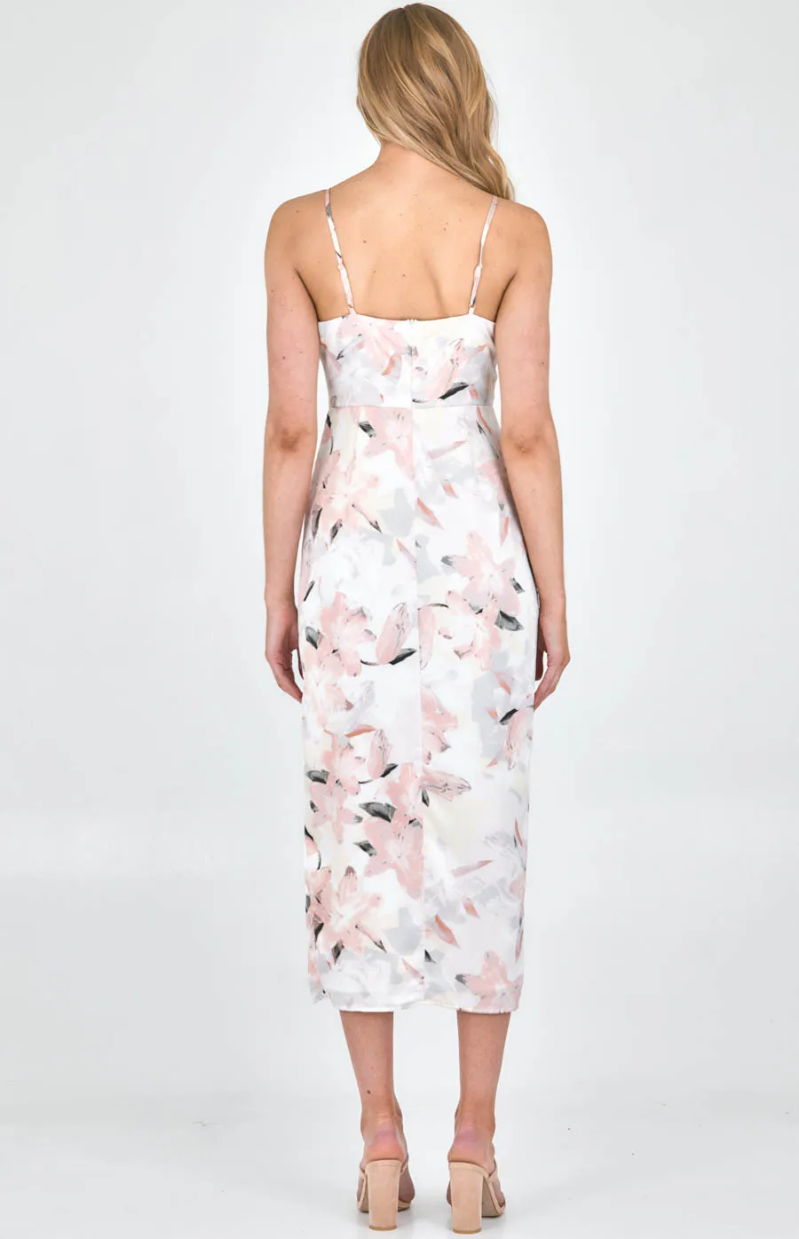 Printed Satin Midi Dress with Drape Neckline Detail (SDR1102B) 