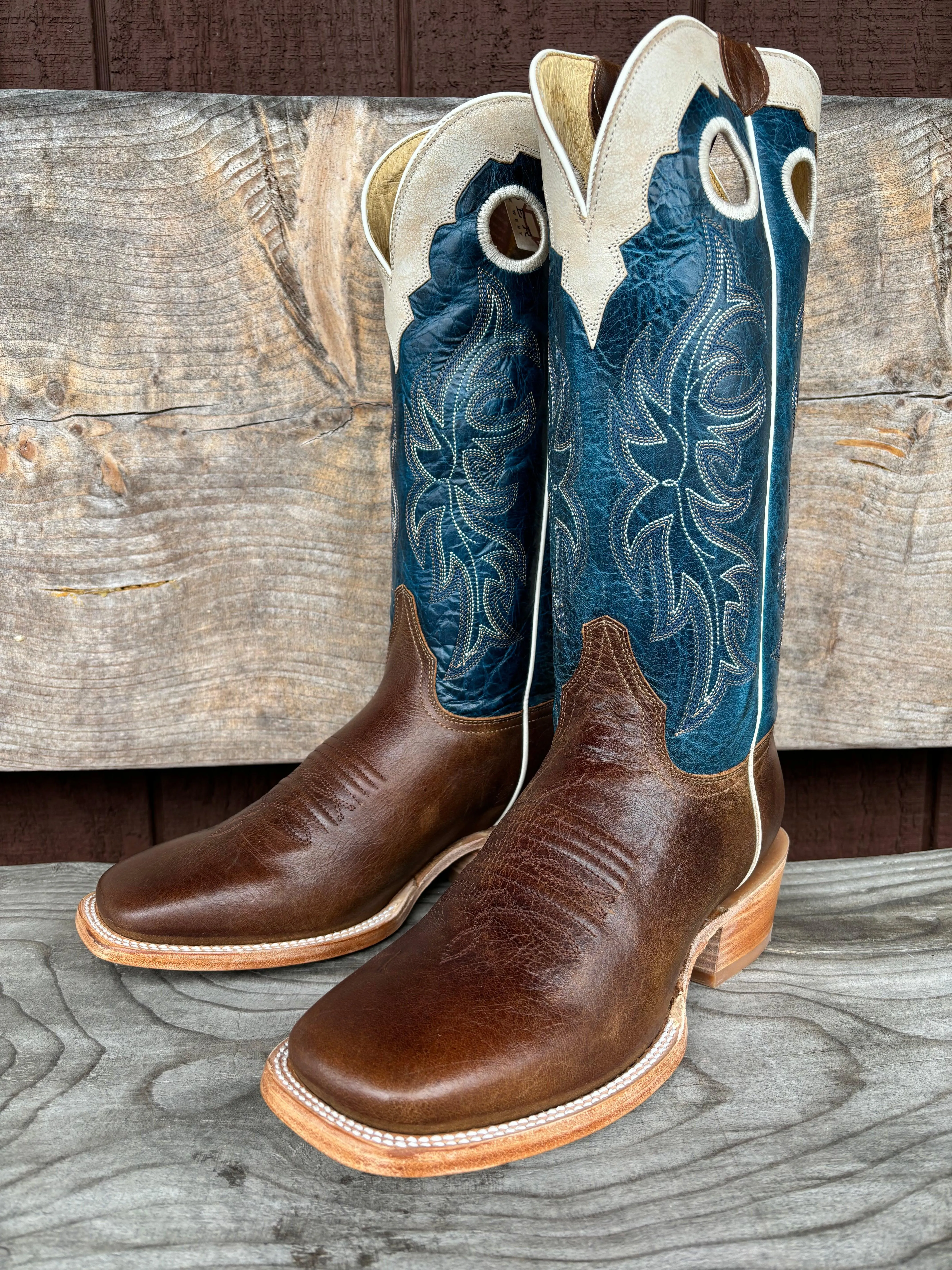 Roper Men's Waxy Brown and Blue with White Crown Square Toe Western Cowboy Boots 8031-8559