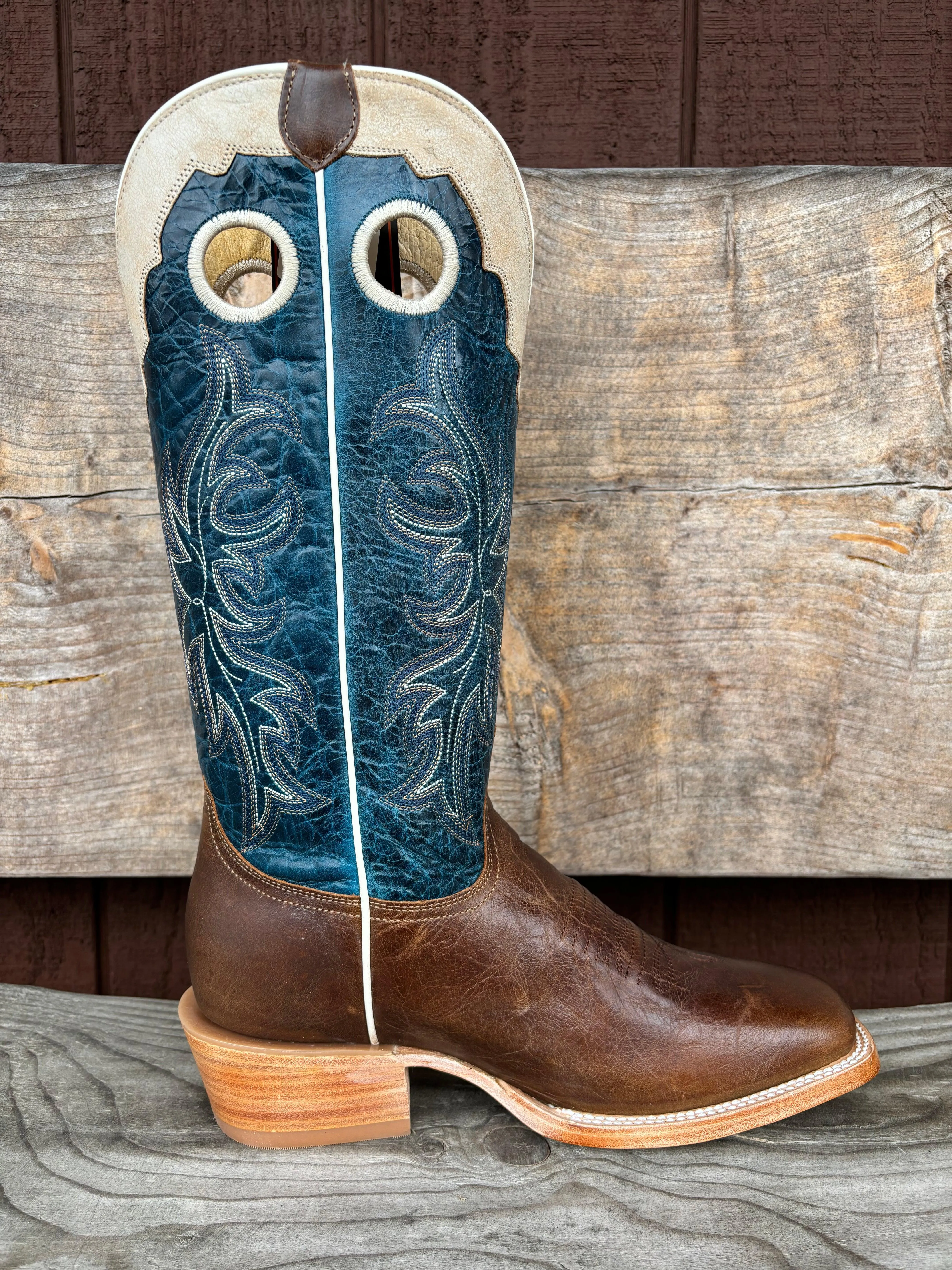 Roper Men's Waxy Brown and Blue with White Crown Square Toe Western Cowboy Boots 8031-8559