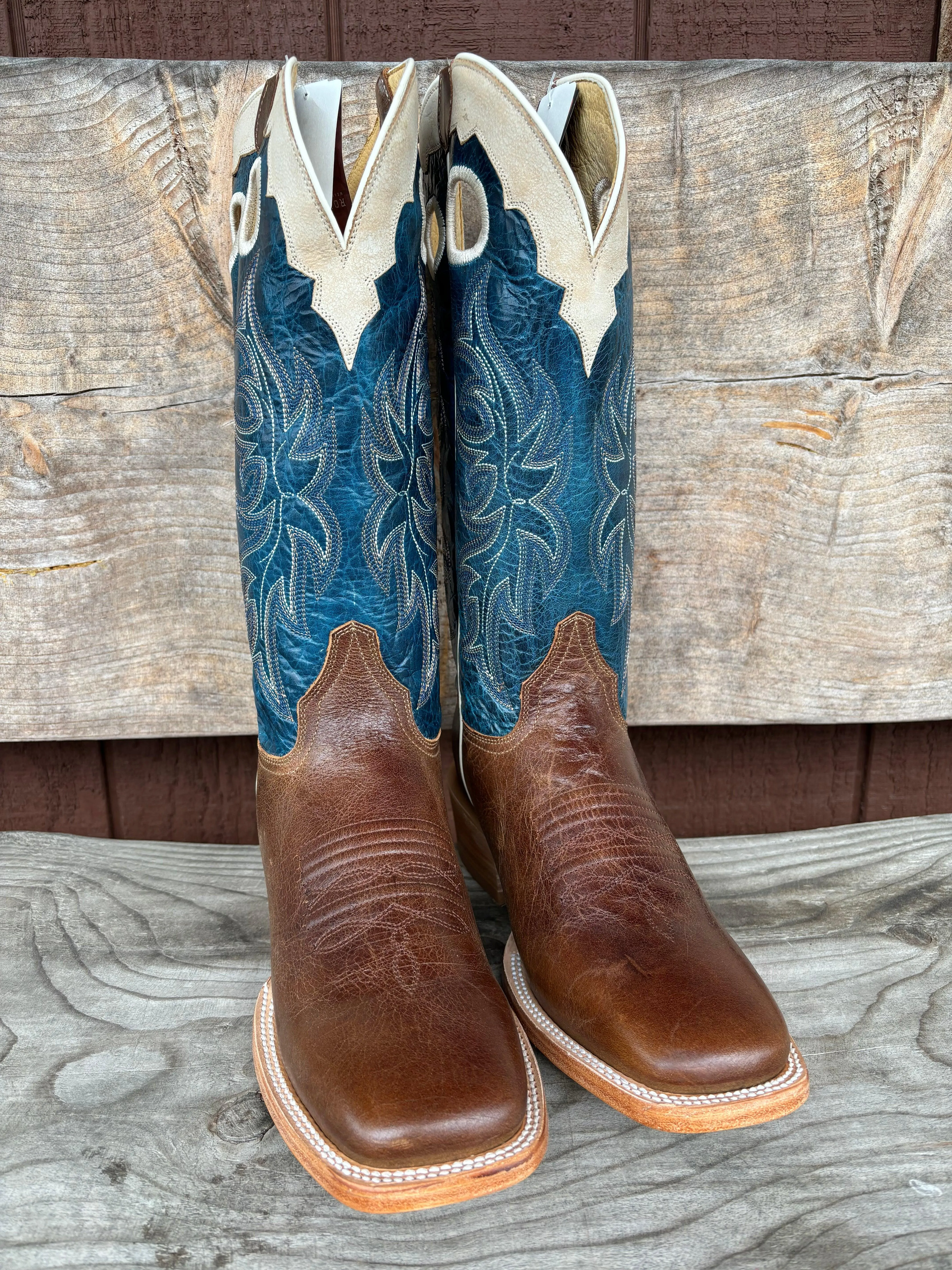 Roper Men's Waxy Brown and Blue with White Crown Square Toe Western Cowboy Boots 8031-8559