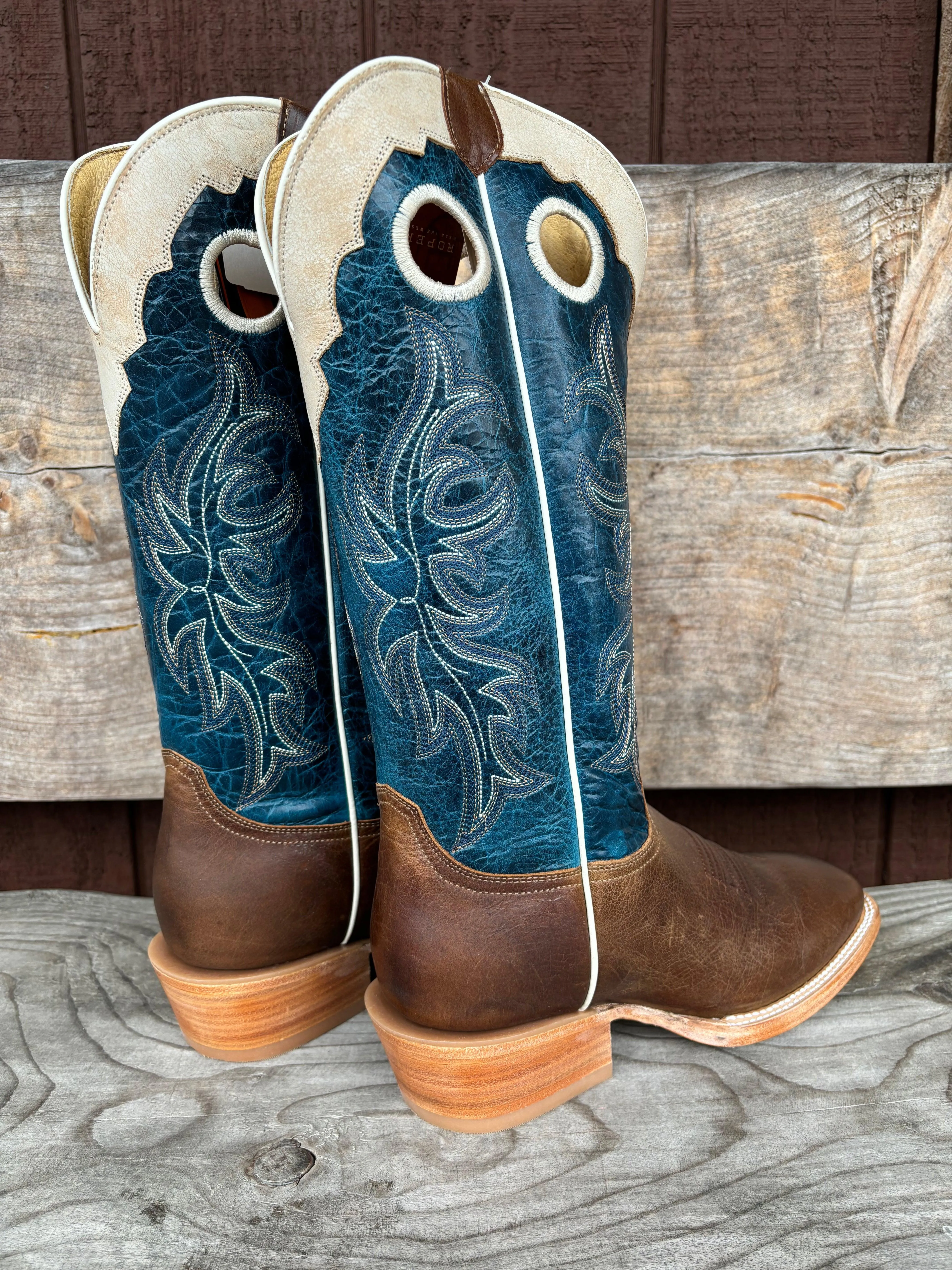 Roper Men's Waxy Brown and Blue with White Crown Square Toe Western Cowboy Boots 8031-8559