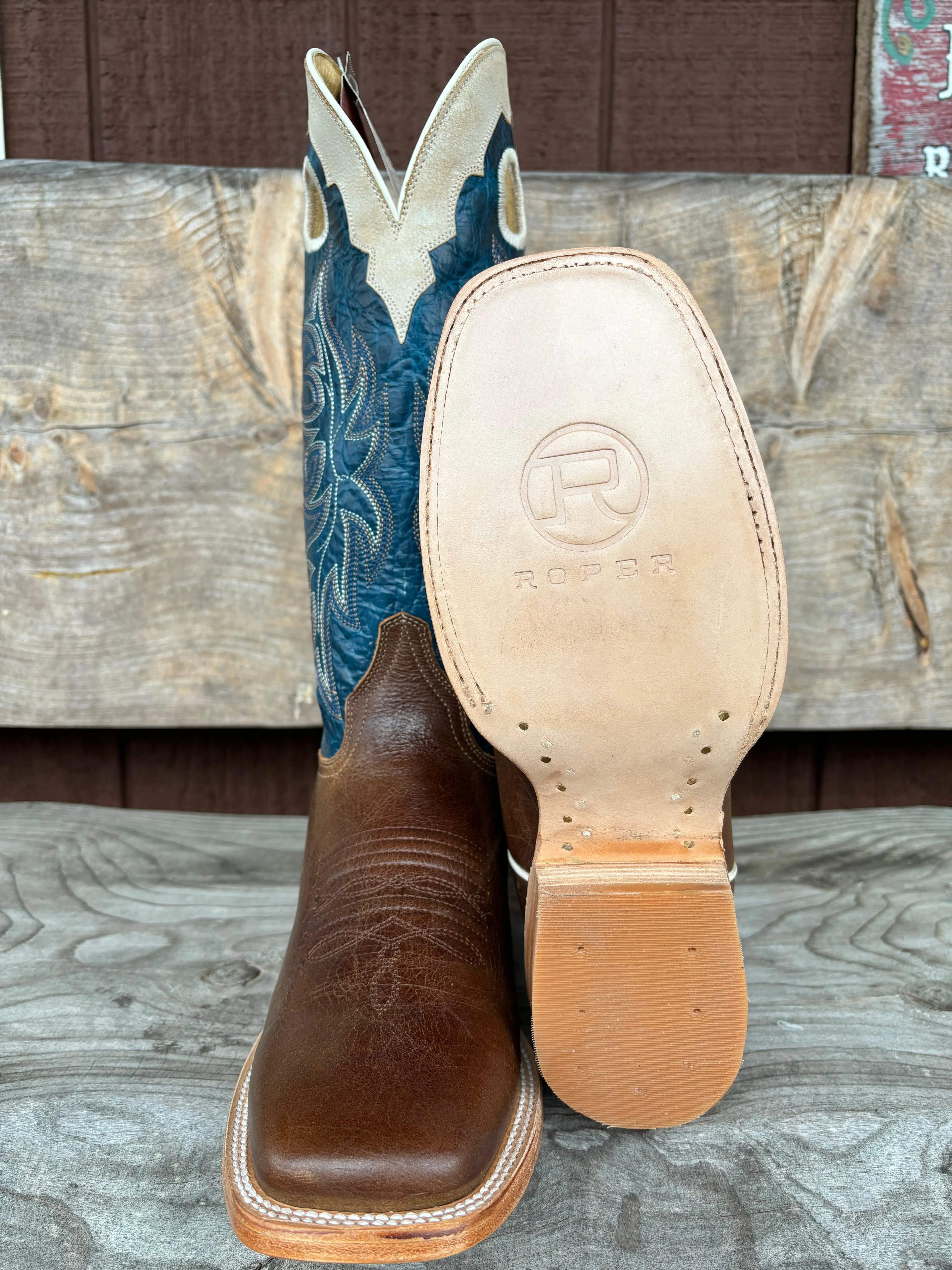 Roper Men's Waxy Brown and Blue with White Crown Square Toe Western Cowboy Boots 8031-8559