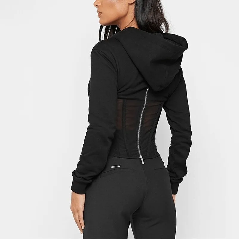 SALE of Women's Long Sleeve Hoodies with Mesh See-through Elements with Zipp - EU