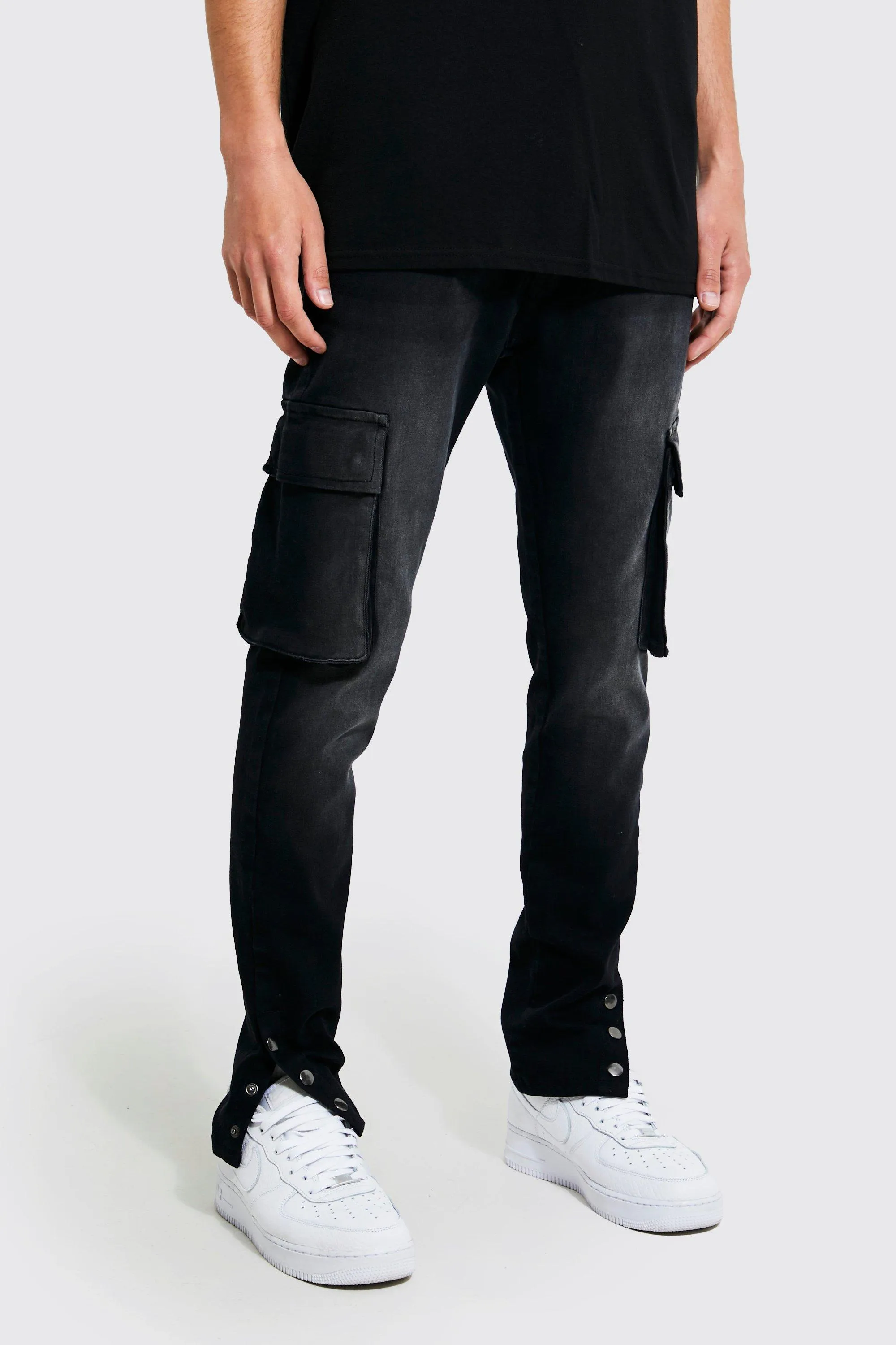 Skinny Stretch Pocket Popper Hem Cargo Jeans