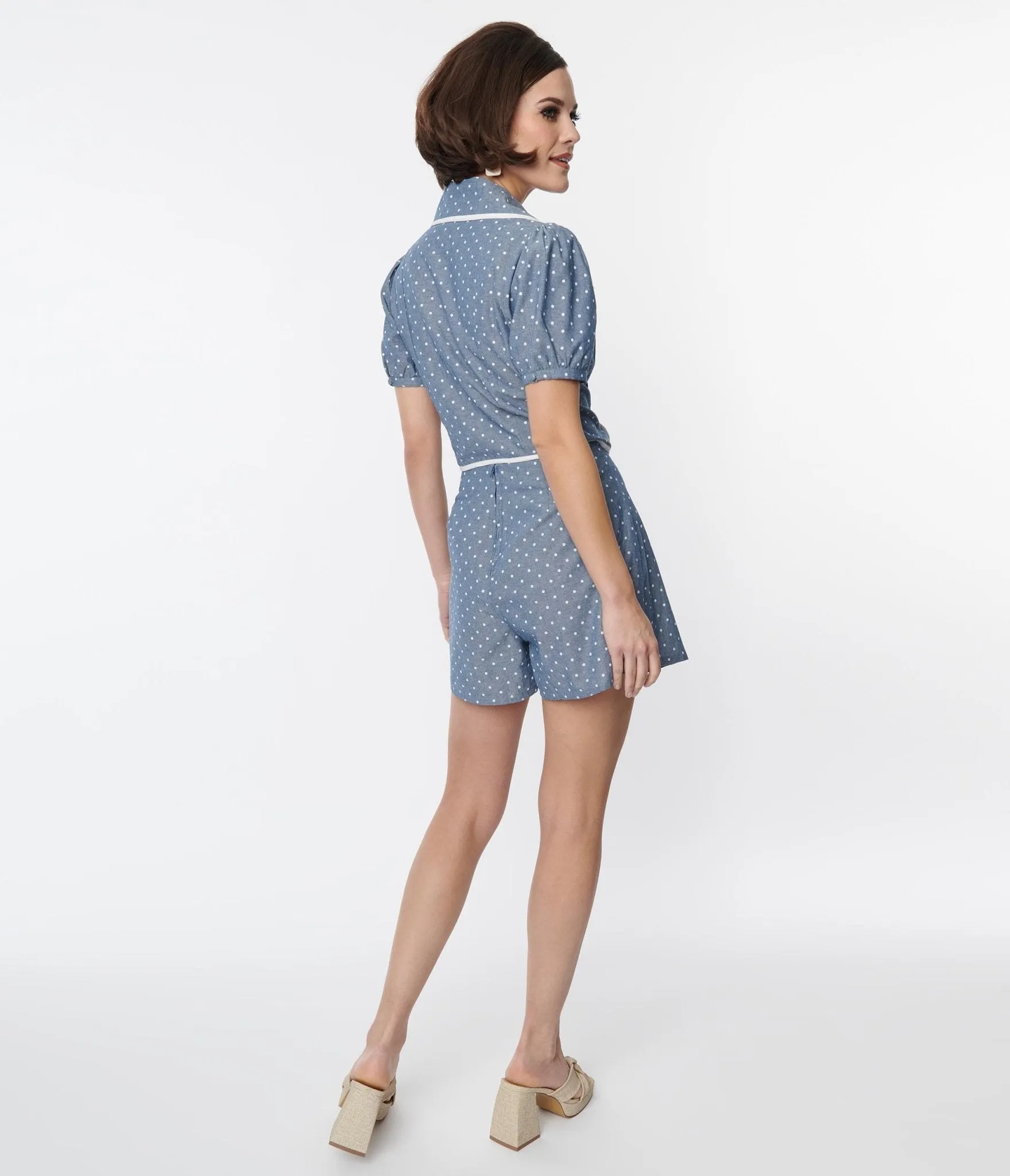 Smak Parlour Chambray & White Polka Dot Box Pleated Shorts