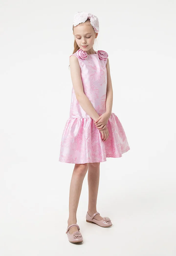 Solid Rose Bud Jacquard Ruffle Dress