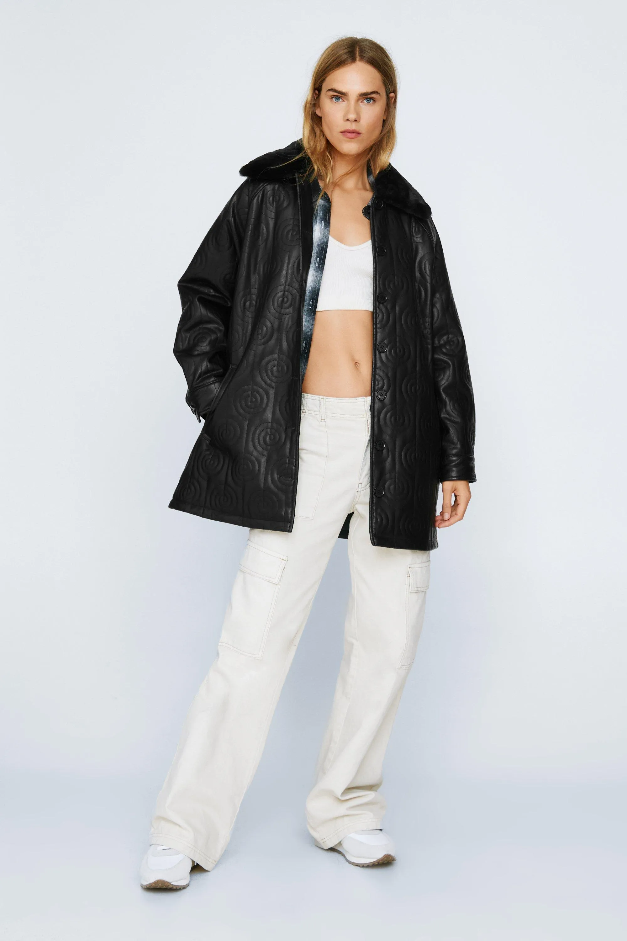 Swirl Quilted Fur Collar Pu Coat