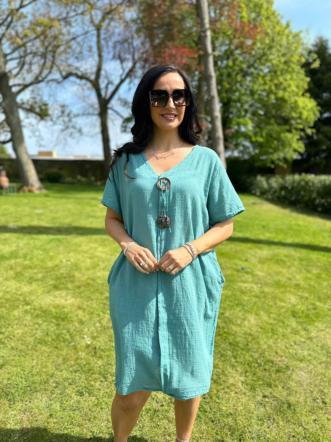 Teal V Neck Button Tunic Dress Sandra