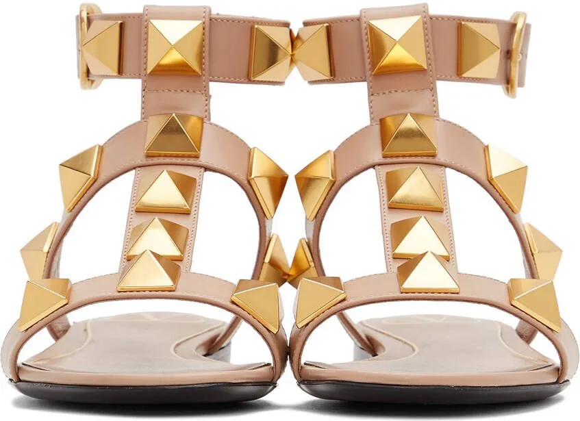 Valentino Garavani Taupe Leather Roman Stud Flat Sandals