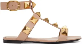 Valentino Garavani Taupe Leather Roman Stud Flat Sandals