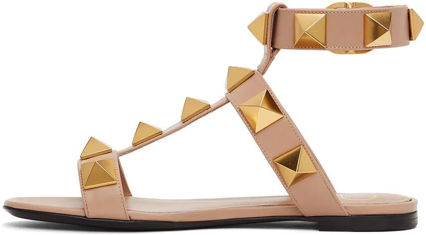 Valentino Garavani Taupe Leather Roman Stud Flat Sandals