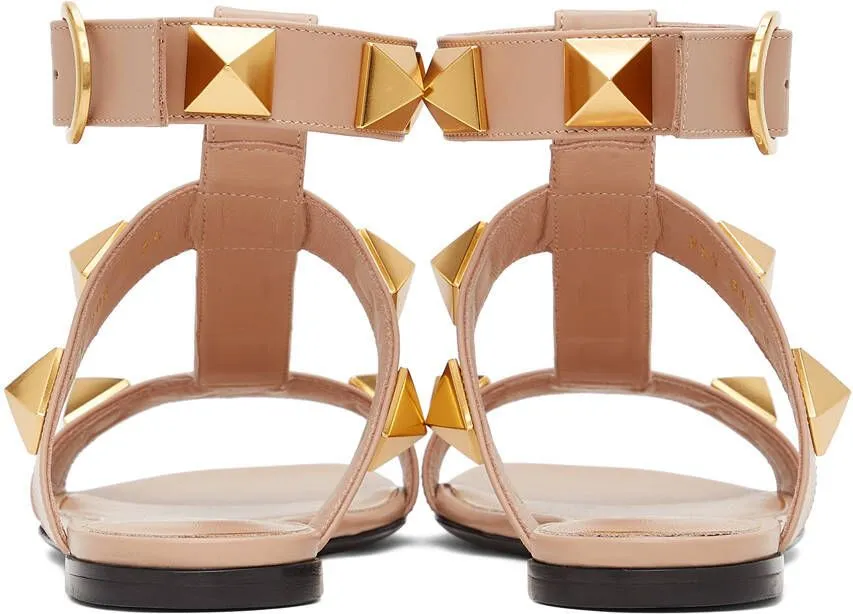 Valentino Garavani Taupe Leather Roman Stud Flat Sandals