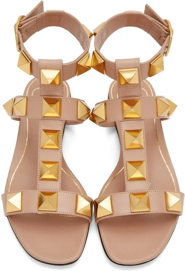 Valentino Garavani Taupe Leather Roman Stud Flat Sandals