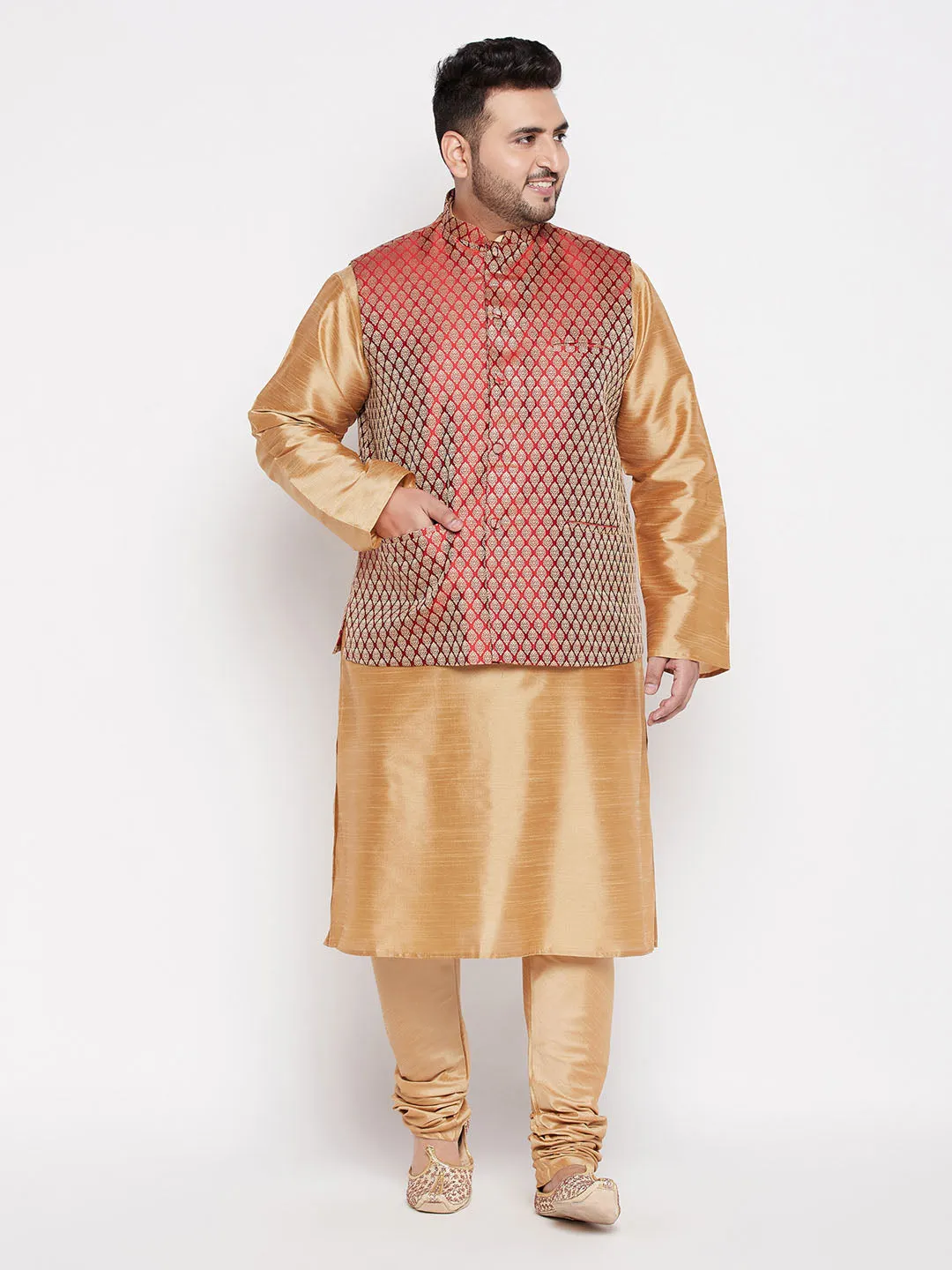 VASTRAMAY PLUS Men's Maroon Nehru Jacket With Rose Gold Kurta And Pyjama Set