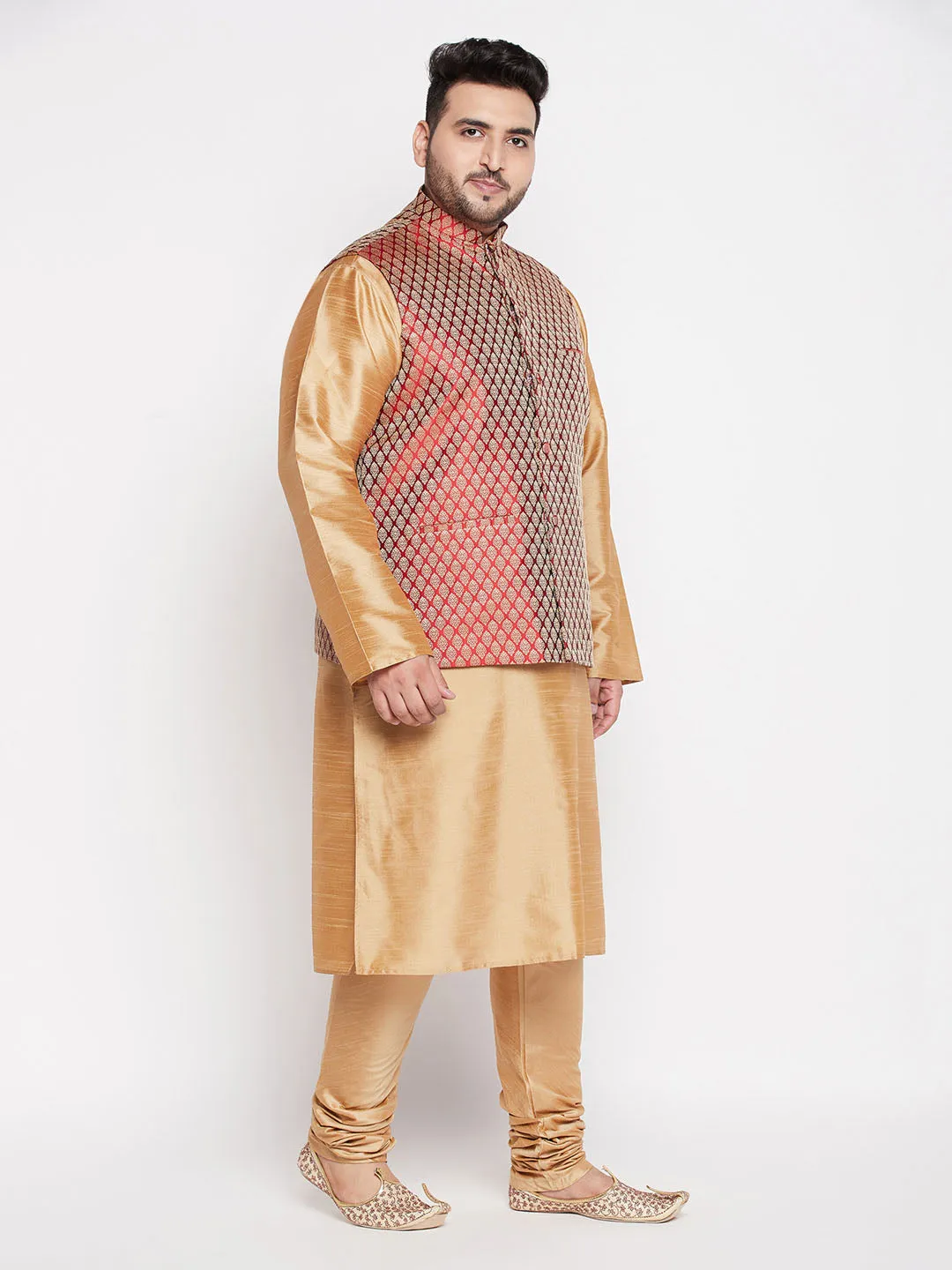 VASTRAMAY PLUS Men's Maroon Nehru Jacket With Rose Gold Kurta And Pyjama Set