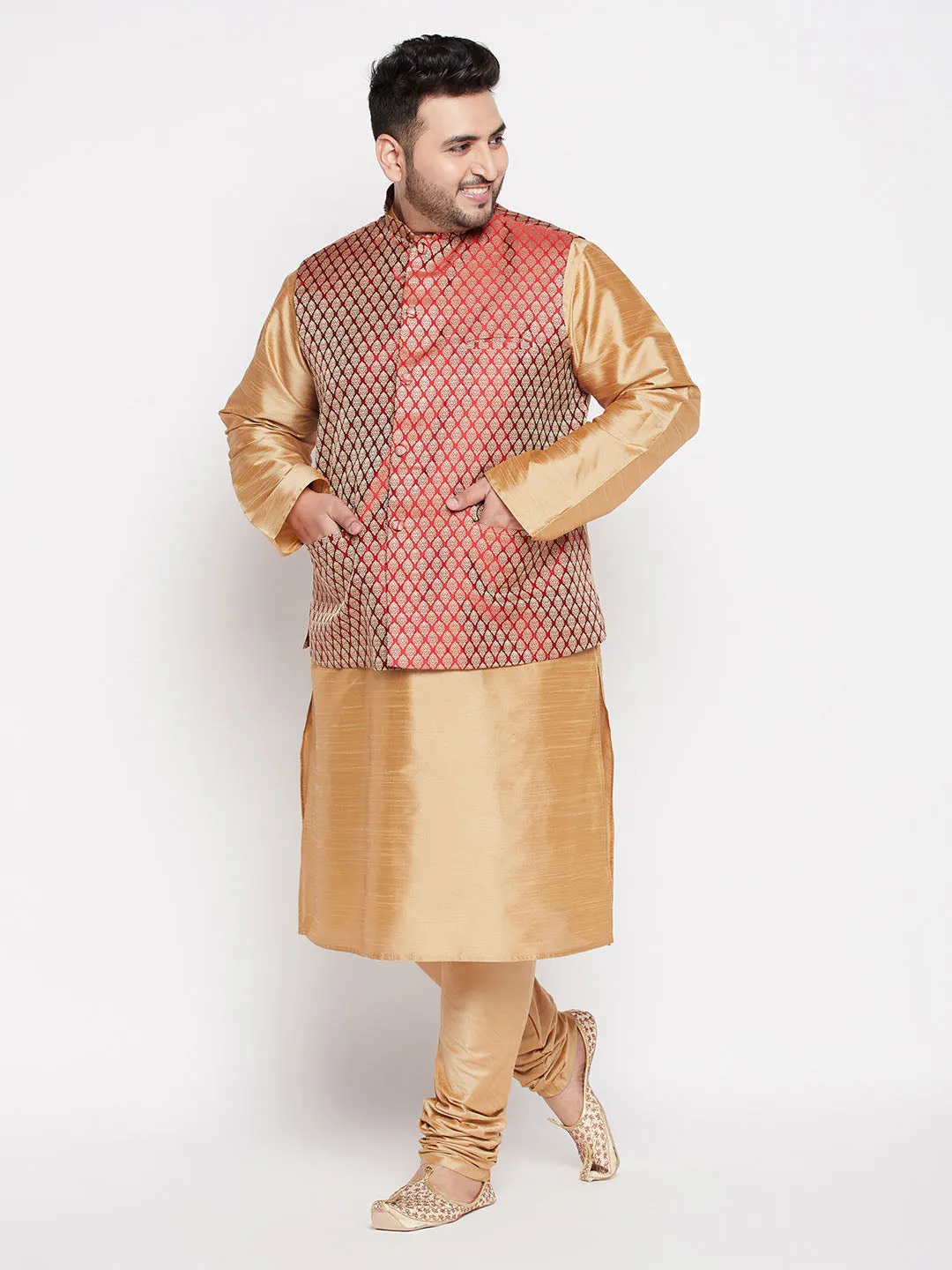 VASTRAMAY PLUS Men's Maroon Nehru Jacket With Rose Gold Kurta And Pyjama Set