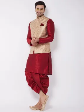 VM By VASTRAMAY Men's Rose Gold Jacquard Jacket With Kurta Dhoti Set